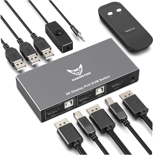 DiamondTiger KVM Switch Displayport - EDID 8K@60Hz, 4K@144Hz, DP 1.4 Display Port KVM Switch 2 Port for 2 Computers to Share 1 Monitor and 3 USB Devices Keyboard Mouse Printer