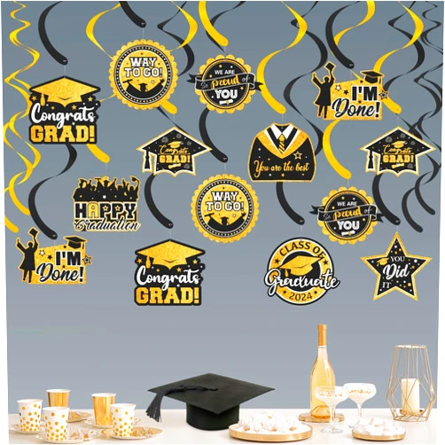 PERFQU 20 Pack Graduation Party Decorations 2024 - Congrats Grad Hanging Decoration, Black Gold Glittery Graduation Hanging Swirls Ceiling Streamers Ornaments for Class of 2024 Graduation Decorations Favors