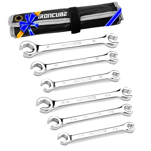 Ironcube Flare Nut Wrench Set: 6-piece SAE & Metric Line Wrench Set for Removing or Replacing Nuts on Fuel, Brake or Air Conditioning Lines, Organizer Pouch Included