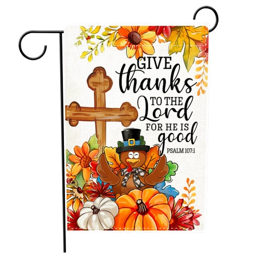 Dyrenson Thanksgiving Turkey Cross Christian Decorative Garden Flag, Religious Fall Give Thanks Pumpkin Yard Outside Home Decoration, Autumn Flower Burlap Outdoor Small Decor Double Sided 12 x 18
