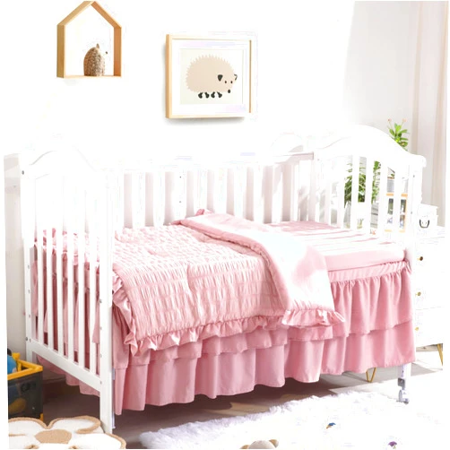 BALAPET Seersucker Princess Pink Crib Bedding Set for Baby Girls, 3 Pieces Ultra Soft Blush Pinch Pleat Comforter Set with Ruffles Crib Skirt and Fitted Sheet for All Season