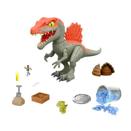 Mattel Jurassic World Crushivores Mini Dinosaur Figure & Accessories, Cage Crasher Spinosaurus Unboxing Toy with Surprises Including Sand, Gel & Dough