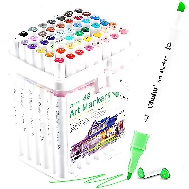 Ohuhu Markers, 48-color Marker Set for Architectural Design, Double Tipped Alcohol Markers, Chisel & Fine Alcohol-based Art Marker for Artists, Architects, Great Value Pack for Students' Art Class