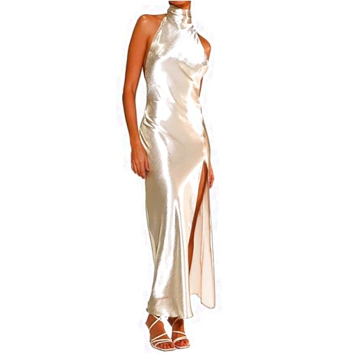 ONDIAN Satin Sexy Backless Women Maxi Dress Apricot High Slit Bandage Dress 2024 Summer Skinny Elegant Party Clubwear