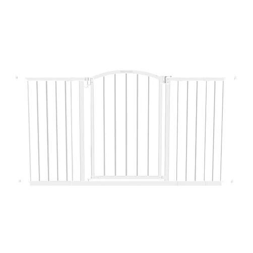 Ozzy & Kazoo Deluxe Extra Wide Walk-Through Arch Dog Gate, Fits Openings 28-51.5” Wide, White Metal Dog Gate, for Doorways and Stairways, 27” Tall