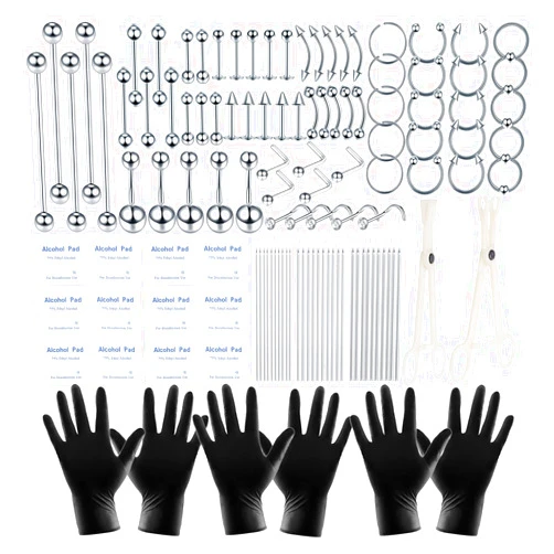 ChiMunllin 120PCS Body Piercing Kit Surgical Steel 14G 16G 20G BCR CBR Labret Lip Rings Cartilage Daith Earrings Nose Septum Nose Studs Belly Button Rings Piercing Jewelry Needles Gloves Clamps Tools