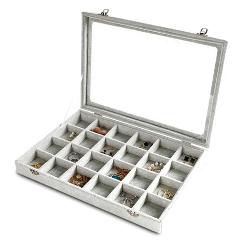 Frebeauty Jewelry Organizer Tray with Clear Lid 24 Grid Velvet Drawer Insert Jewelry Storage box with Glass lid Display Case Store Showcase Holder with Lock Gifts for Women(Grey, 24 Grid)