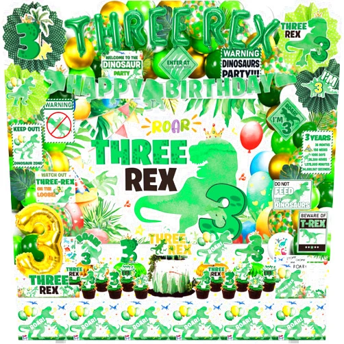 FrozzlyFun Dinosaur 3rd Birthday Decorations for Boys, 132Pcs Three Dino Rex Dinosaur Party Decor Supplies - Backdrop, Banner, Tablecloth, Centerpieces, Temporary Tattoos, Fans Pompoms, Wall Signs