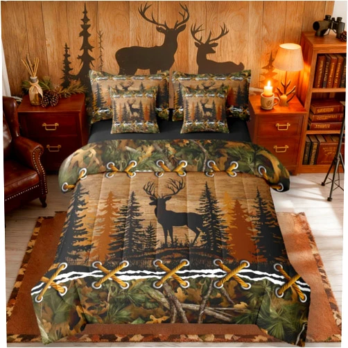 Erosebridal Deer Bed in a Bag Queen Comforter Set 7 Piece | Country Camo Bedding Sets Mens Elk Moose Comforter and Sheet Set, Deer Comforter Set Woodland Animals Farmhouse Bed Sets,Cabin Hunting Decor