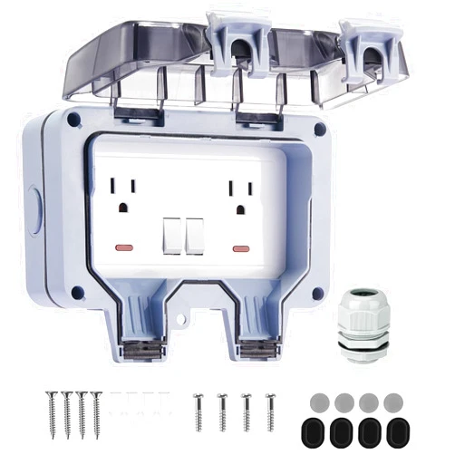 Toptozl 15 Amp Outdoor Electrical Outlet Box with On/Off Switch and Indicator Light, 125 Volt NEMA 5-15 Duplex Receptacle, Grounding, IP66 Waterproof Wall Power Socket, Weather and Tamper Resistant