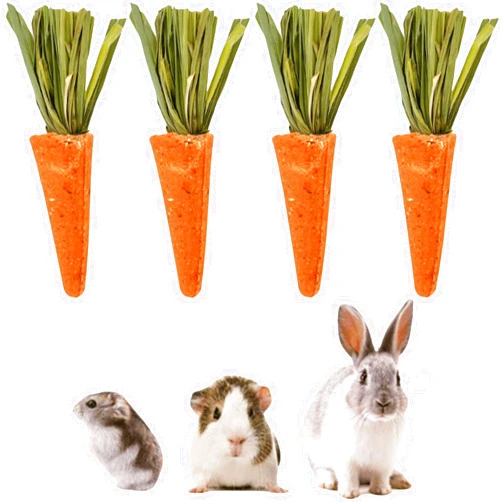 Copfeu Rabbit Carrots Chew Toys - 4PCS Teething Toys Carrots Rabbit Bunny Chew Toys - Timothy Grass Small Pet Molar Sticks for Hamster Guinea Pigs Kitten Toys