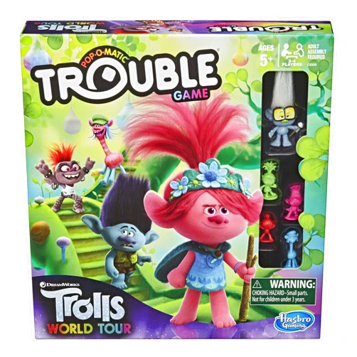 Trouble DreamWorks Trolls World Tour Edition Board Game for Kids Ages 5 and Up; Includes Tiny Diamond Figure with Hair, Model:E8906