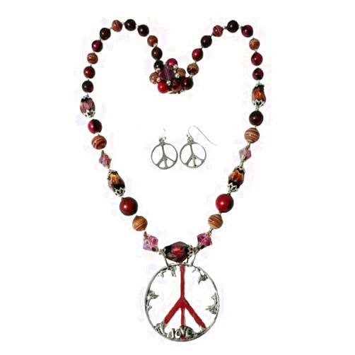 Handmade Peace Sign Pendant Vintage Colorful Glass Beads Handmade Necklace Earrings One of a Kind
