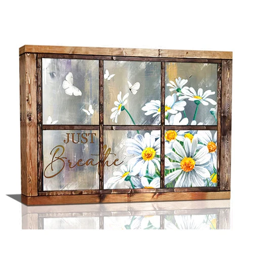 Banonaty Daisy Wall Decor Rustic Flower Wall Art Farmhouse Window Daisies Pictures Bathroom Decor Country Butterfly Canvas Prints Just Breathe Artwork Home Office Decoration For Kitchen Bathroom Living Room