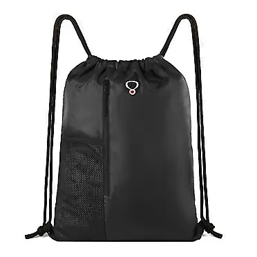 BeeGreenbags Drawstring Backpack Sports Gym Bag for Women Men Children Large Size with Zipper and Water Bottle Mesh Pockets Black