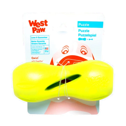 West Paw Zogoflex Qwizl Dog Puzzle Treat Toy – Interactive Chew Toy for Dogs – Dispenses Pet Treats – Brightly-Colored Dog Enrichment Toy for Aggressive Chewers, Fetch, Catch, Small 5.5