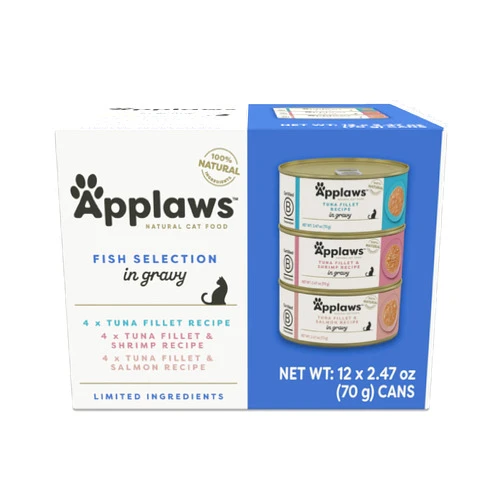 Applaws Natural Wet in Gravy, Limited Ingredient Canned Wet, Food Variety Pack, Made with Natural Ingredients, Fish Selection Variety Pack in Gravy (12 x 2.47oz Cans)