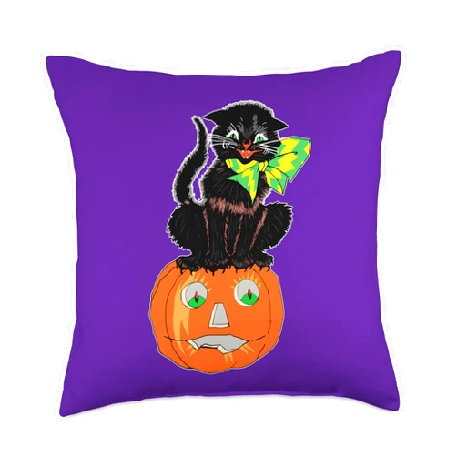 Vintage Black Cats and Pumpkins Spooky Halloween Scary Black Cat Sitting On A JackoLantern On Halloween Throw Pillow, 18x18, Multicolor