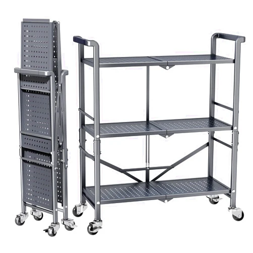 SAYZH 3 Tier Rolling Utility Foldable Cart - Metal Folding Cart with Wheels, Collapsible Service Cart Storage Shelf Rack for Kitchen Office Garage Plant Outdoor cart, Gray