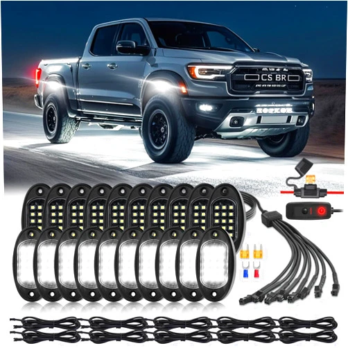 TDE Explorer.Lighting 20 Pods Pure White LED Rock Lights with Extension Wires, IP67 Waterproof 6500K Super Bright White Underglow Kit for Semi Truck Sedans Trailer Offroad Pickup RV Vans Bus Under Car Lighting