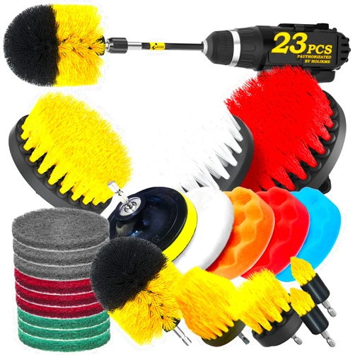 Holikme 23Pack Drill Brush Attachments Set, Scrub Pads & Sponge, Buffing Pads, Power Scrubber Brush with Extend Long Attachment, Car Polishing Pad Kit,Cleaning Supplies，Shower Scrub,Scratch Brushes