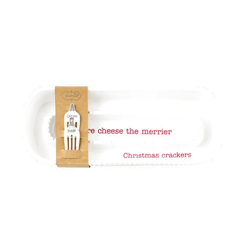 Mud Pie Ceramic Holiday Cheese and Crackers Server and Cheese Markers Set, White