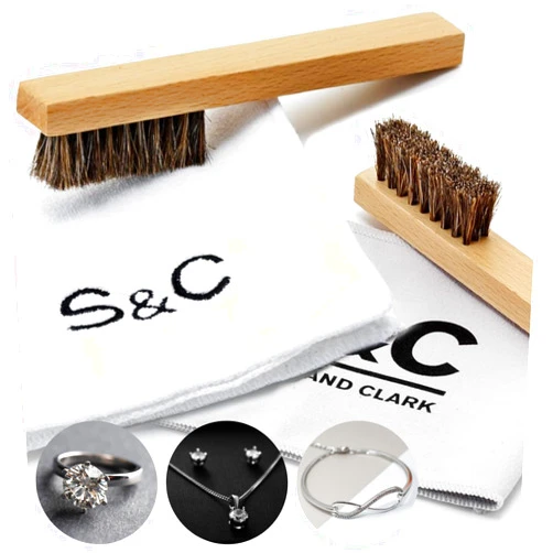 Stone and Clark 4PC Jewelry Cleaner & Polish Kit - Includes Natural Horsehair Jewelry Cleaning Brushes, Microfiber & Polishing Cloth - Gold, Silver Jewelry Cleaner for Rings, Earrings, Bracelet.