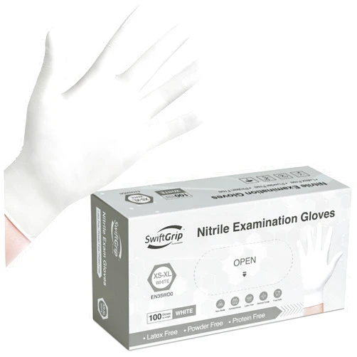 SwiftGrip Disposable Nitrile Exam Gloves, 3-mil, XL, Box of 100, White Nitrile Gloves Disposable Latex Free for Medical, Cleaning, Cooking & Esthetician, Food-Safe, Powder-Free, Non-Sterile