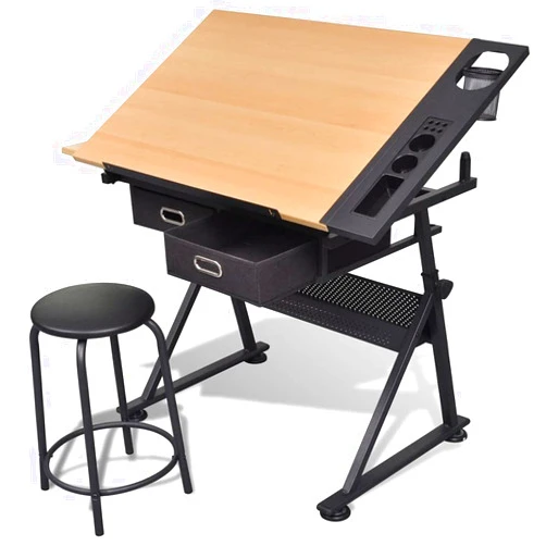 Hongxinq Height Adjustable Drafting Table Drawing Table w/2 Storage Drawers Side Tray Stool, Tiltable Tabletop Paintings Art Craft Desk Work Station for Home Office Brown