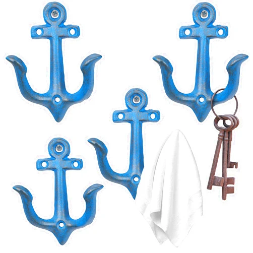 XINGYAN Vintage Rustic Cast Iron Nautical Sea Anchor Design Wall Hooks,Home Coat Rack,Decorative Wall Mounted Antique Shabby Chic Metal Bathroom Towel,Coat Hooks,Hanger,Screws Inside (Blue[4pcs])