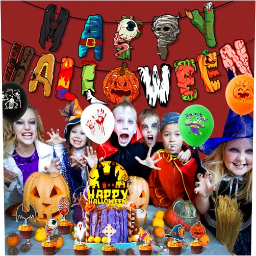 MOTTDAM Halloween Party Decorations Kit, MOTTDAM Halloween Party Supplies, Scary Halloween Banner, Halloween Balloon and Cake Topper Set for Halloween Party Home Birthday Decor