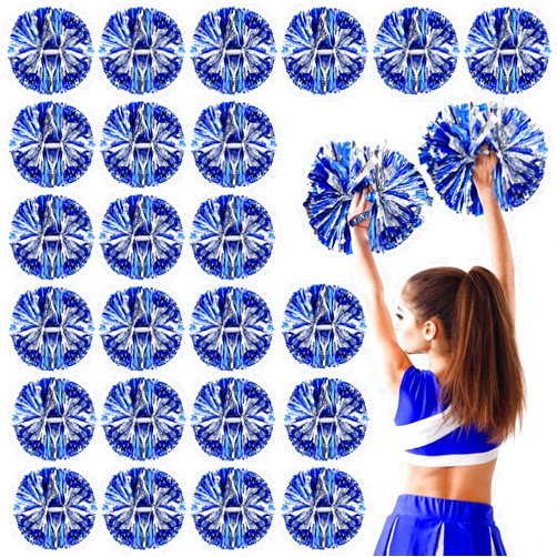 Yunsailing 24 Pack Cheerleading Pom Poms with Baton Handle 14.5 Inch Metallic Cheering Squad Pompoms for Team Sports Football Dance Cheering Kids Adults (Blue and Silver)