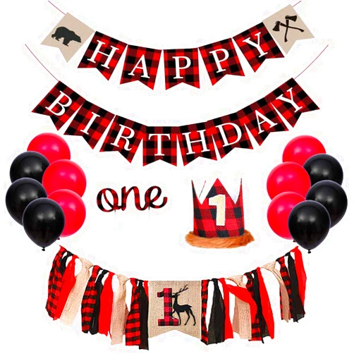 PRATYUS Lumberjack Party Decorations, First Party Supplies with Buffalo Plaid Birthday Banner, Highchair Banner, 1st Crown Hat, Cake Topper, Balloons for Kids Baby Shower Wild One Camping Party Events