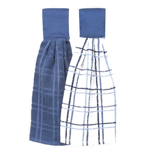 Ritz Premium 100% Cotton Solid and Multi Check Kitchen Tie Towel, Absorbent, Super Soft, and Fast Drying Hang Towel, Set of Two, Federal Blue