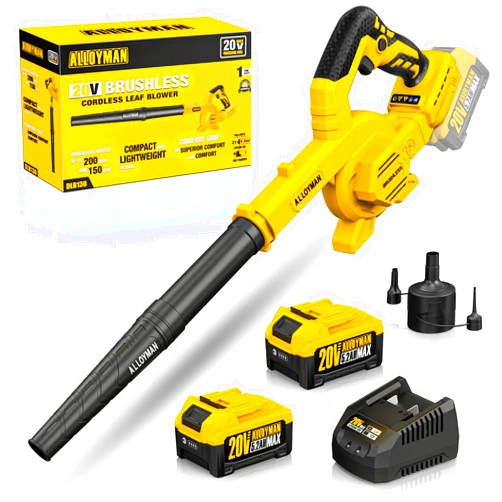 ALLOYMAN 20V Brushless Leaf Blower, Electric Cordless Leaf Blower with 2 * 5.2Ah Battery & Fast Charger,200MPH Variable-Speed Battery Powered Blower for Lawn Care Yard & Snow Blowing