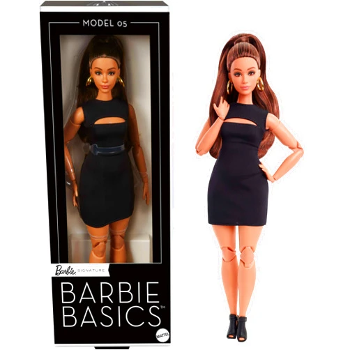 Barbie Basics Model 05 Collector Doll with Brunette Hair, Black Mini Dress & Heels, Universal-fit Fashions, Posable Curvy Body & Swappable Doll Head