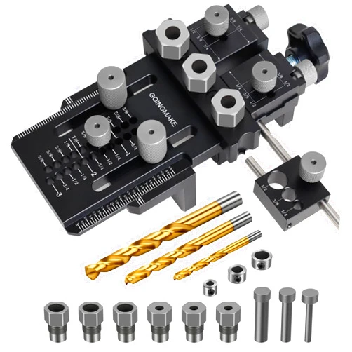 GOINGMAKE Dowel Jig Kit with Quick Positive Stop and Clamp, Adjustable Doweling Jig for Drill 1/4, 3/8 and 1/2 Inch Accurate Straight Dowel Holes, Fit Any Thickness Wood Joints, for Cabinet, Furniture