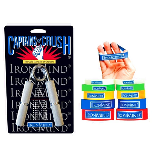 IronMind Two-Way Captains of Crush Grip Strengthener Set: CoC Trainer Gripper (100 lb.) and Expand-Your-Hand Bands