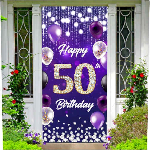 BECKTEN Happy 50th Birthday Backdrop Banner Purple Theme Background with Shiny Diamond Noble Elegant Birthday Party Photo Photography Prop Booth Door Background for Men Women Celebration 35.4x72.8in-BECKTEN
