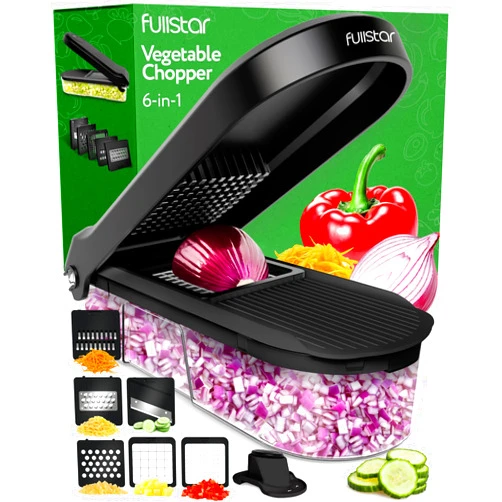 Fullstar Vegetable Chopper, Cheese Slicer, Food Chopper, Veggie Chopper, Onion Chopper, Vegetable Chopper with Container, Mandoline Slicer & Cheese Grater (6 in 1 - Black)