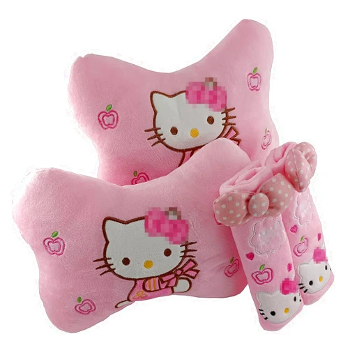 QIA9098 Girls Lovely Pink Color Kawaii Kitty Cartoon Car Headrest Neck Pillow & Shoulder Pad, Cute Kitty Anime Cartoon Soft Plush Pillow & Shoulder Pad Set
