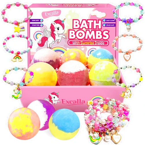 Excalla Unicorn Bath Bombs with Surprise Inside for Kids Girls, 6 Kids Bath Bombs with Jewelry Inside, Natural Bubble Bath Bombs for Skin Moisturizing, Birthday Christmas Easter Gifts for 4 5 6 7 8 Year Old