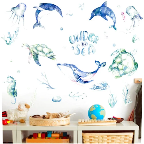 Hanlongyu Ocean Animal Stickers.Blue Whale Wall Decals Jumping Blue Dolphin Wall Stickers Turtle Peel and Stick Wallpaper Wall Art Mural Decor for Kids Teens Bedroom Home Office Dorm Party Nursery