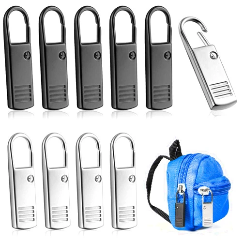 WILLBOND 10 Pieces Zipper Pull-Tab Replacement, Metal Zipper Puller Zip Slider Extender Handle Mend Fixer for Suitcases Luggage Backpacks Purses Handbags Jacket Coat Boots (Black, Silver)