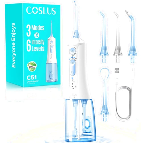 COSLUS C51 Portable Water Flosser for Teeth: 3 Modes & 6 Pressure Settings with Jet Mode Water Dental Pick for Orthodontic, Braces, Sensitive Gums, Compact for Travel, 300ML for Multiple Users, White