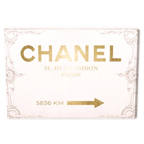 The Oliver Gal Artist Co. Fashion and Glam Modern Canvas Art - Couture Road Sign Rococo Gold Blush, Wall Art for Living Room, Bedroom, and Bathroom, 36 in x 24, Pink and Gold Home Decor