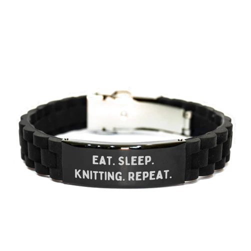 Generic Knitting Enthusiast Gifts for Him Funny Eat Sleep Knitting Repeat Adjustable Glidelock Clasp Black Silicone and Stainless Steel Pendant Necklace Perfect Father's Day Presents from Mom for Dad