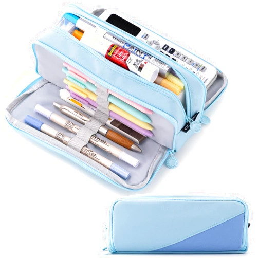 CICIMELON Big Capacity Pencil Case 3 Compartments Pen Pouch Bag Multifunctional Organizer for School Office, Light Blue