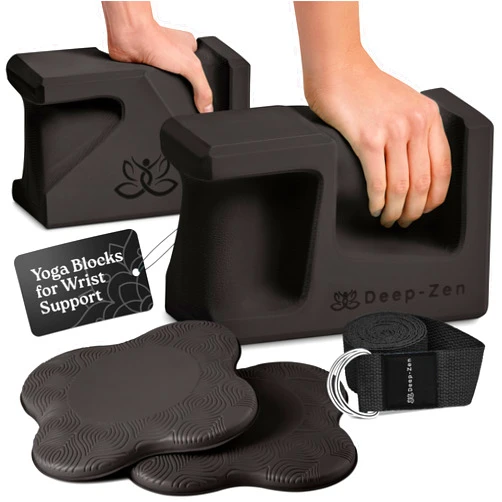 Deep-Zen PRO Yoga Blocks | Ergonomic Yoga Block 2 Pack for Wrist Comfort and Support | EVA Foam Exercise Blocks, 2x Knee Pads & Yoga Strap | Pilates Block Set | Bricks to Eliminate Wrist Pain