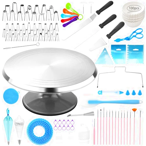 TANGCHU 301Pcs Cake Decorating Kit Baking Tools - Aluminium Revolving Cake Turntable, Reusable Piping Bags and Tips set, Icing Spatula Baking Accessories for Cake Cupcake Cookie Decorating